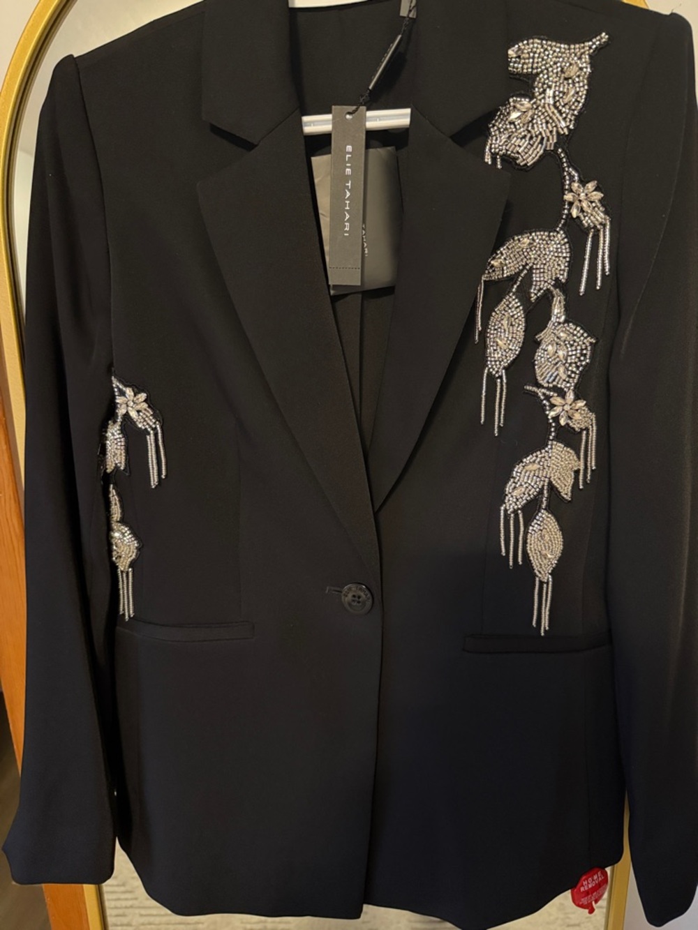 Elie Tahari Black Blazer with Silver Beaded Floral Embellishment